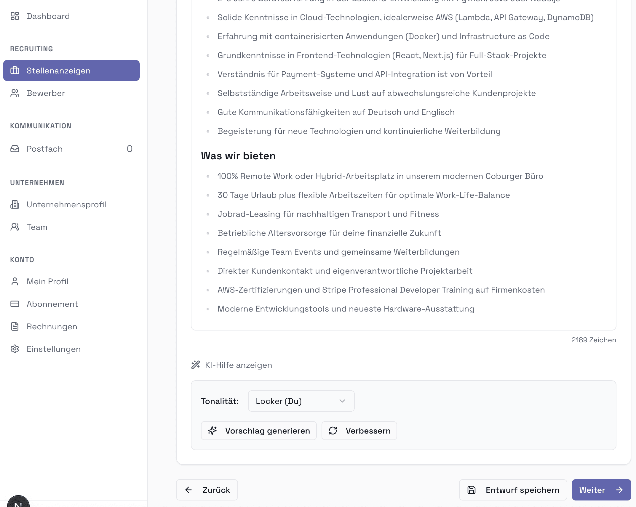 Stellenanzeige mit KI erstellen auf php-entwickler.de