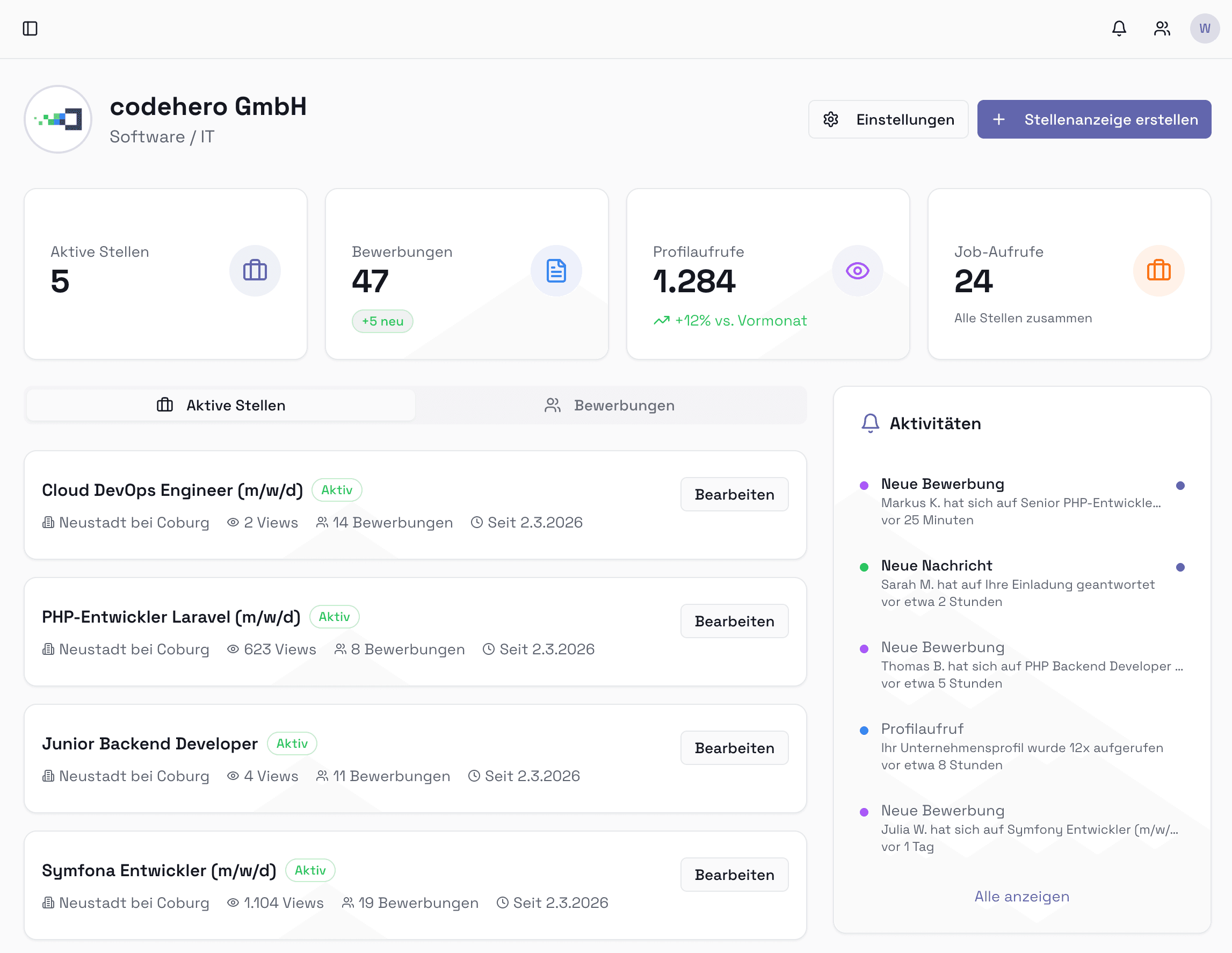 Arbeitgeber-Dashboard auf php-entwickler.de
